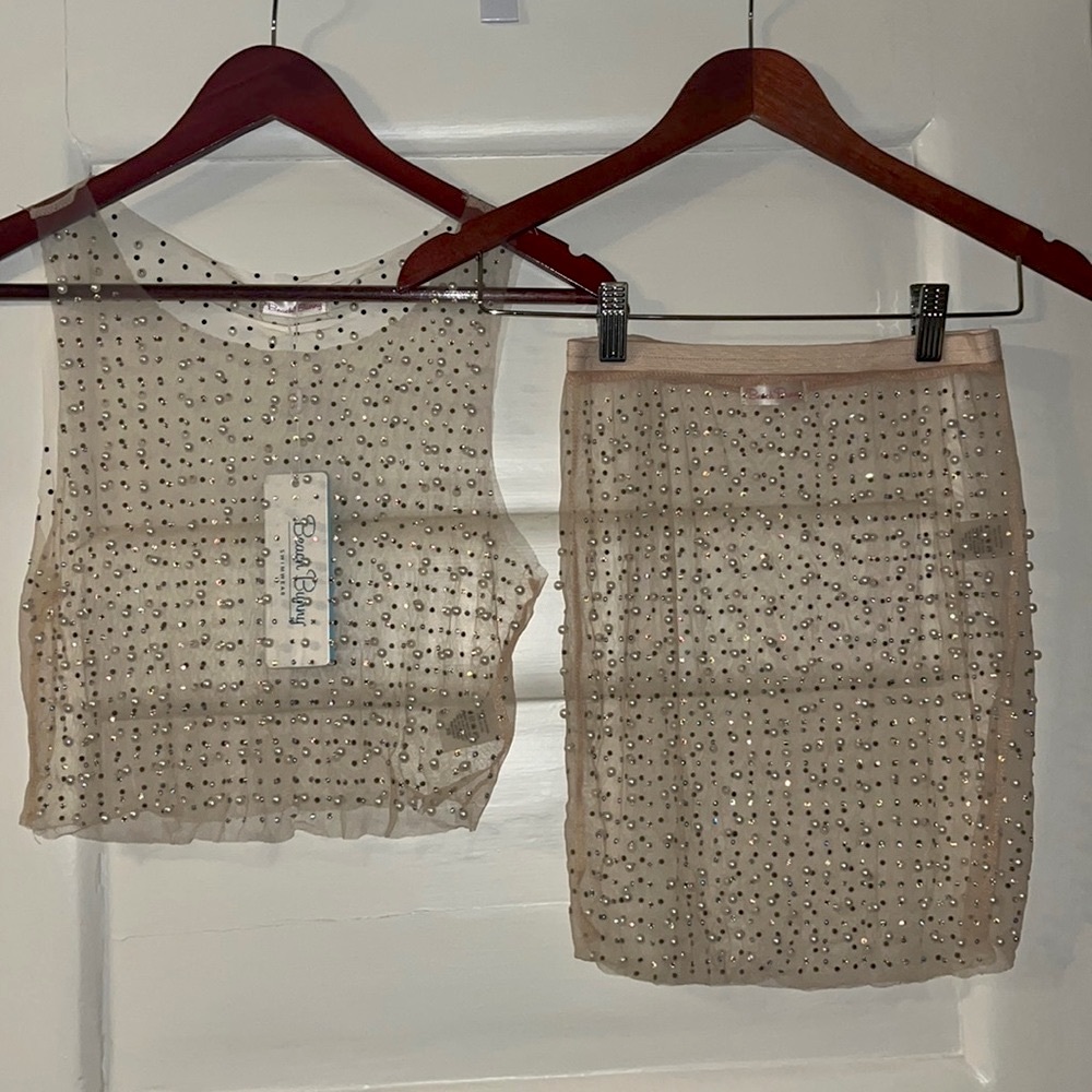 BEACH BUNNY Glitzy Girl Mesh Pearl Top & Skirt Set
